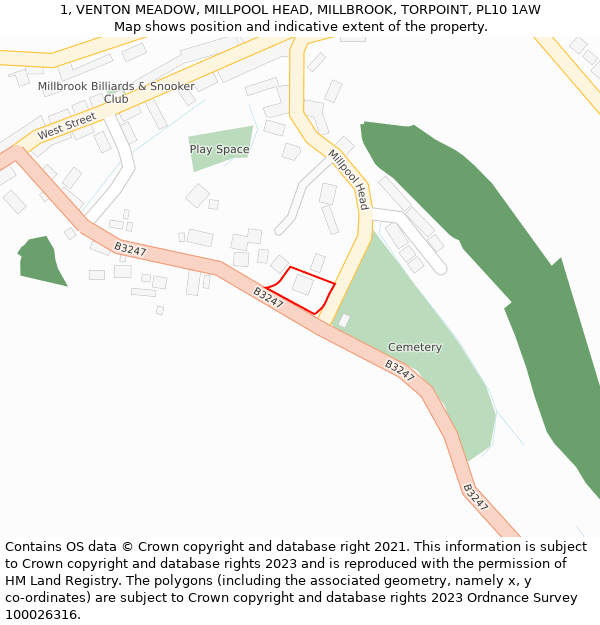 1, VENTON MEADOW, MILLPOOL HEAD, MILLBROOK, TORPOINT, PL10 1AW: Location map and indicative extent of plot