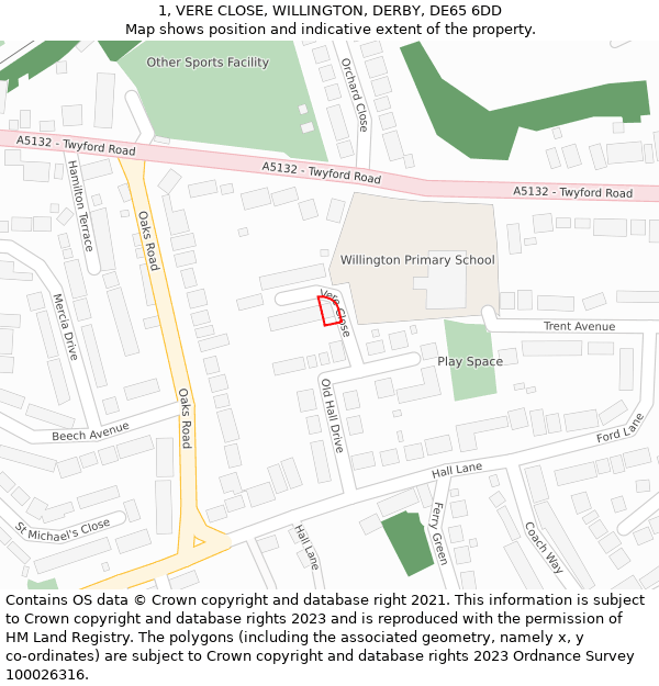 1, VERE CLOSE, WILLINGTON, DERBY, DE65 6DD: Location map and indicative extent of plot