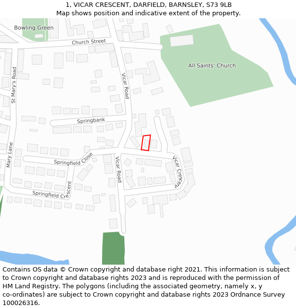 1, VICAR CRESCENT, DARFIELD, BARNSLEY, S73 9LB: Location map and indicative extent of plot