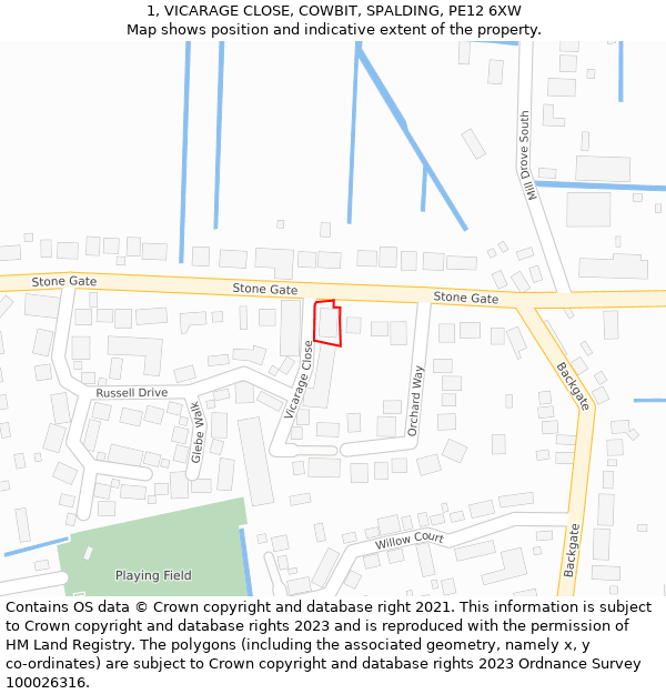 1, VICARAGE CLOSE, COWBIT, SPALDING, PE12 6XW: Location map and indicative extent of plot