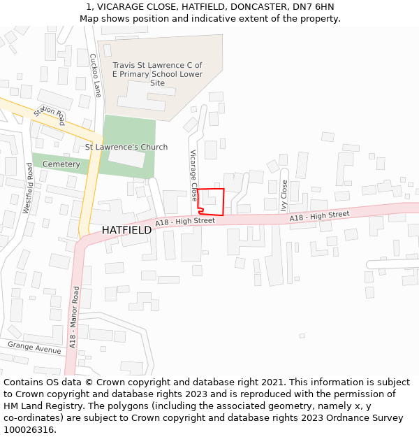 1, VICARAGE CLOSE, HATFIELD, DONCASTER, DN7 6HN: Location map and indicative extent of plot