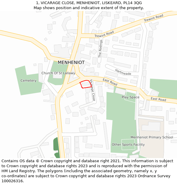 1, VICARAGE CLOSE, MENHENIOT, LISKEARD, PL14 3QG: Location map and indicative extent of plot