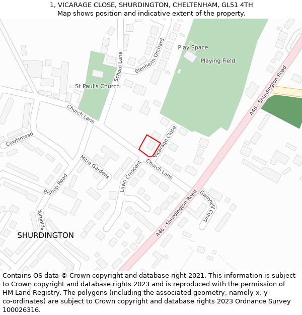 1, VICARAGE CLOSE, SHURDINGTON, CHELTENHAM, GL51 4TH: Location map and indicative extent of plot