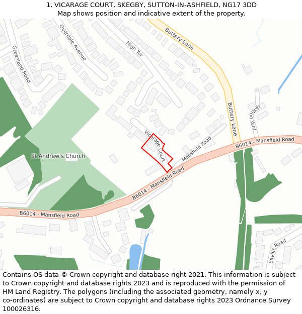 1, VICARAGE COURT, SKEGBY, SUTTON-IN-ASHFIELD, NG17 3DD: Location map and indicative extent of plot