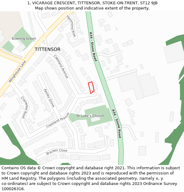 1, VICARAGE CRESCENT, TITTENSOR, STOKE-ON-TRENT, ST12 9JB: Location map and indicative extent of plot