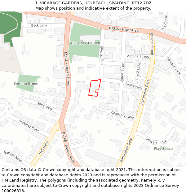 1, VICARAGE GARDENS, HOLBEACH, SPALDING, PE12 7DZ: Location map and indicative extent of plot