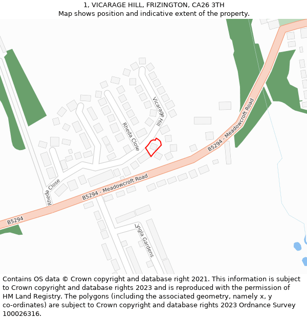 1, VICARAGE HILL, FRIZINGTON, CA26 3TH: Location map and indicative extent of plot