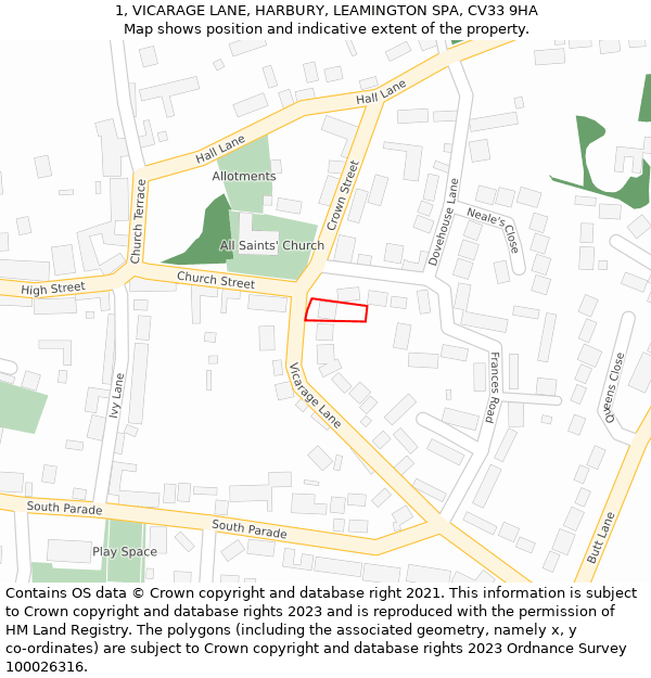 1, VICARAGE LANE, HARBURY, LEAMINGTON SPA, CV33 9HA: Location map and indicative extent of plot