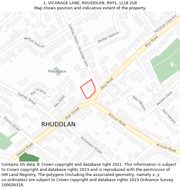 1, VICARAGE LANE, RHUDDLAN, RHYL, LL18 2UE: Location map and indicative extent of plot
