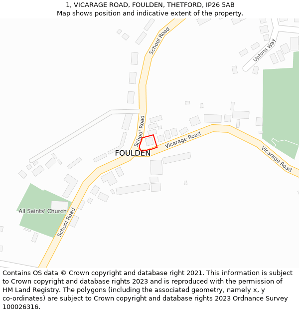 1, VICARAGE ROAD, FOULDEN, THETFORD, IP26 5AB: Location map and indicative extent of plot