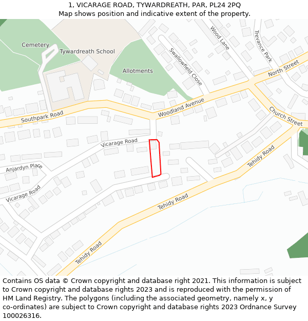 1, VICARAGE ROAD, TYWARDREATH, PAR, PL24 2PQ: Location map and indicative extent of plot