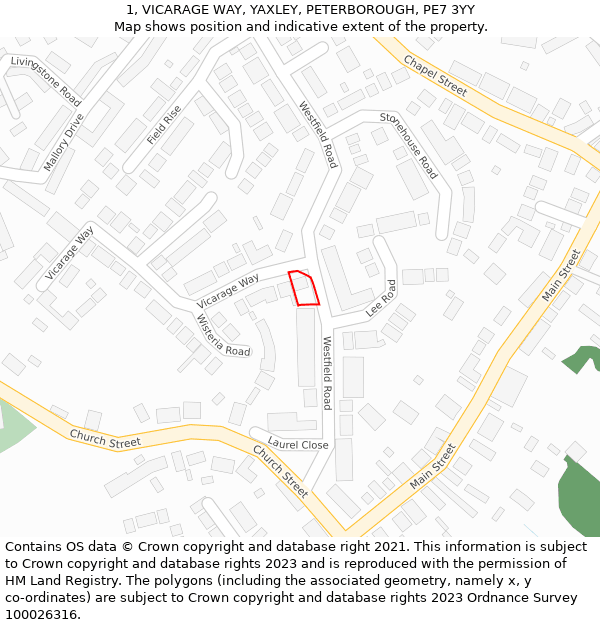 1, VICARAGE WAY, YAXLEY, PETERBOROUGH, PE7 3YY: Location map and indicative extent of plot