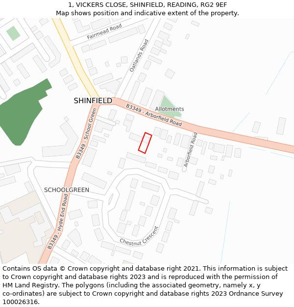 1, VICKERS CLOSE, SHINFIELD, READING, RG2 9EF: Location map and indicative extent of plot