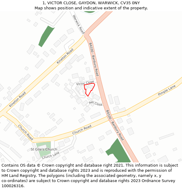 1, VICTOR CLOSE, GAYDON, WARWICK, CV35 0NY: Location map and indicative extent of plot