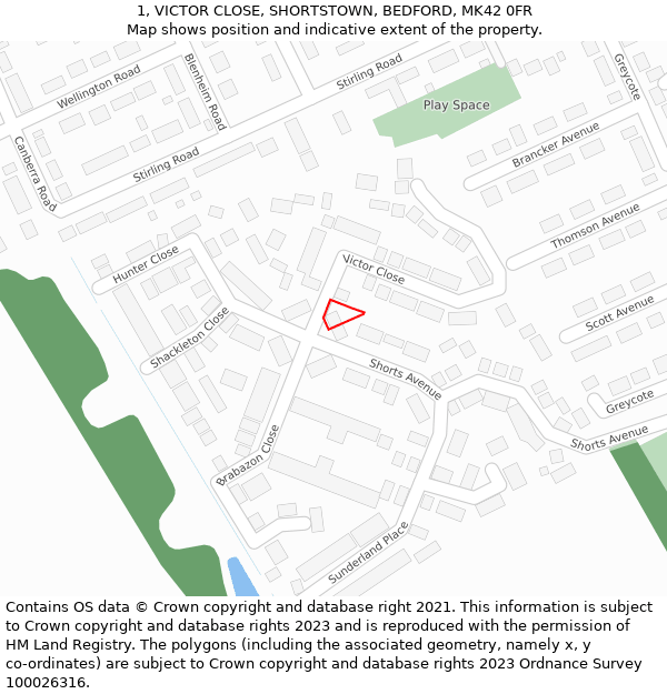 1, VICTOR CLOSE, SHORTSTOWN, BEDFORD, MK42 0FR: Location map and indicative extent of plot