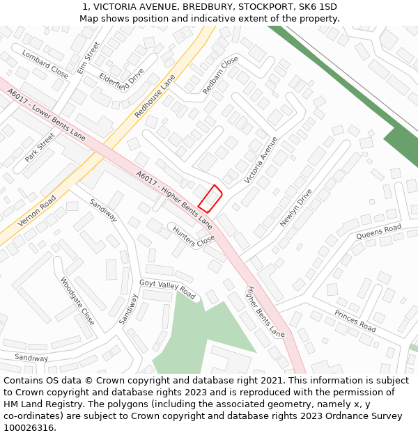 1, VICTORIA AVENUE, BREDBURY, STOCKPORT, SK6 1SD: Location map and indicative extent of plot