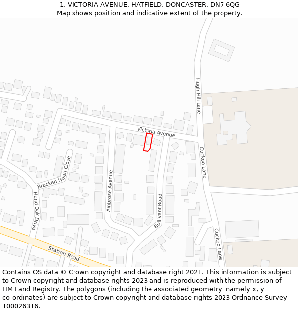 1, VICTORIA AVENUE, HATFIELD, DONCASTER, DN7 6QG: Location map and indicative extent of plot