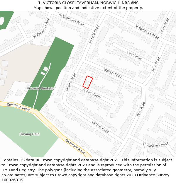 1, VICTORIA CLOSE, TAVERHAM, NORWICH, NR8 6NS: Location map and indicative extent of plot