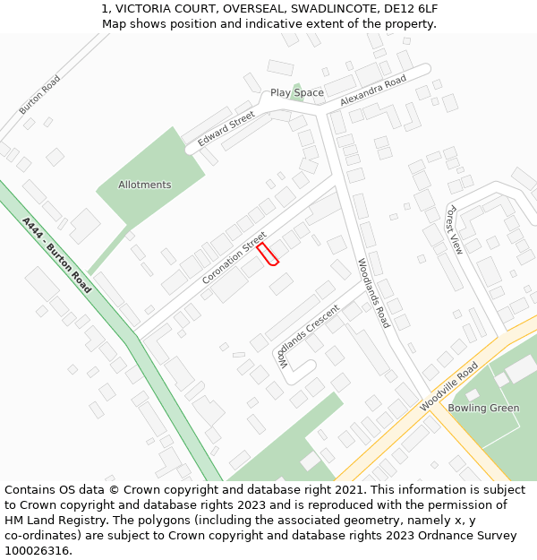 1, VICTORIA COURT, OVERSEAL, SWADLINCOTE, DE12 6LF: Location map and indicative extent of plot