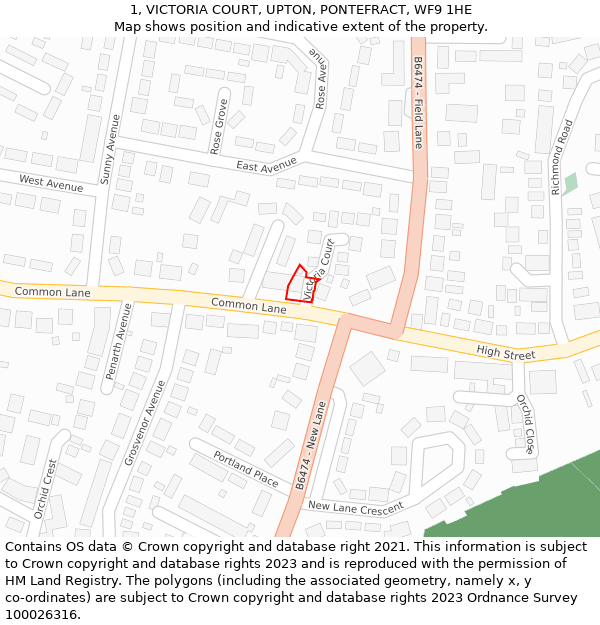 1, VICTORIA COURT, UPTON, PONTEFRACT, WF9 1HE: Location map and indicative extent of plot