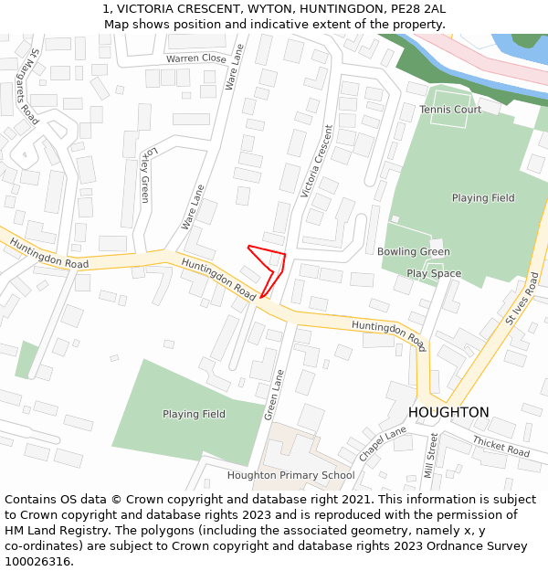 1, VICTORIA CRESCENT, WYTON, HUNTINGDON, PE28 2AL: Location map and indicative extent of plot