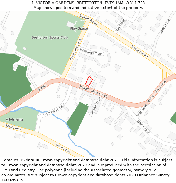 1, VICTORIA GARDENS, BRETFORTON, EVESHAM, WR11 7FR: Location map and indicative extent of plot