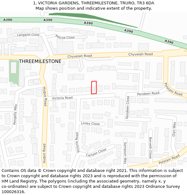 1, VICTORIA GARDENS, THREEMILESTONE, TRURO, TR3 6DA: Location map and indicative extent of plot