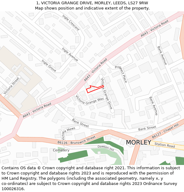 1, VICTORIA GRANGE DRIVE, MORLEY, LEEDS, LS27 9RW: Location map and indicative extent of plot