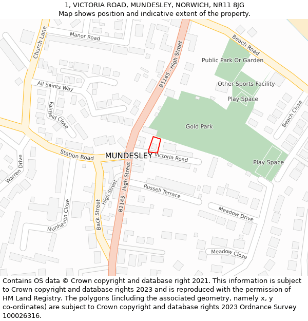 1, VICTORIA ROAD, MUNDESLEY, NORWICH, NR11 8JG: Location map and indicative extent of plot