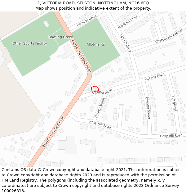 1, VICTORIA ROAD, SELSTON, NOTTINGHAM, NG16 6EQ: Location map and indicative extent of plot