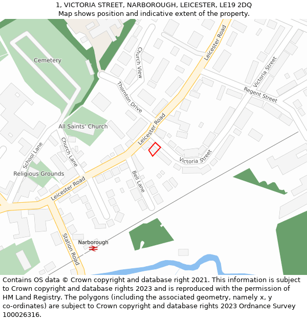 1, VICTORIA STREET, NARBOROUGH, LEICESTER, LE19 2DQ: Location map and indicative extent of plot