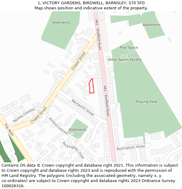 1, VICTORY GARDENS, BIRDWELL, BARNSLEY, S70 5FD: Location map and indicative extent of plot