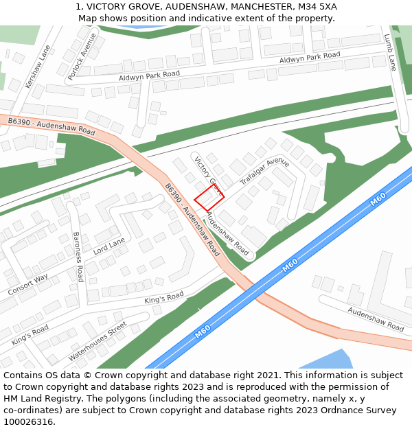 1, VICTORY GROVE, AUDENSHAW, MANCHESTER, M34 5XA: Location map and indicative extent of plot