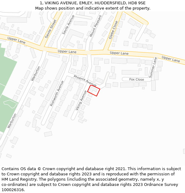 1, VIKING AVENUE, EMLEY, HUDDERSFIELD, HD8 9SE: Location map and indicative extent of plot