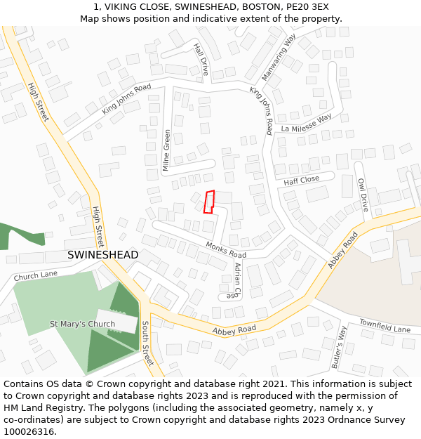 1, VIKING CLOSE, SWINESHEAD, BOSTON, PE20 3EX: Location map and indicative extent of plot