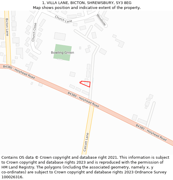 1, VILLA LANE, BICTON, SHREWSBURY, SY3 8EG: Location map and indicative extent of plot