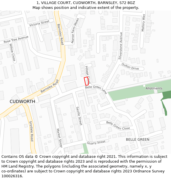 1, VILLAGE COURT, CUDWORTH, BARNSLEY, S72 8GZ: Location map and indicative extent of plot