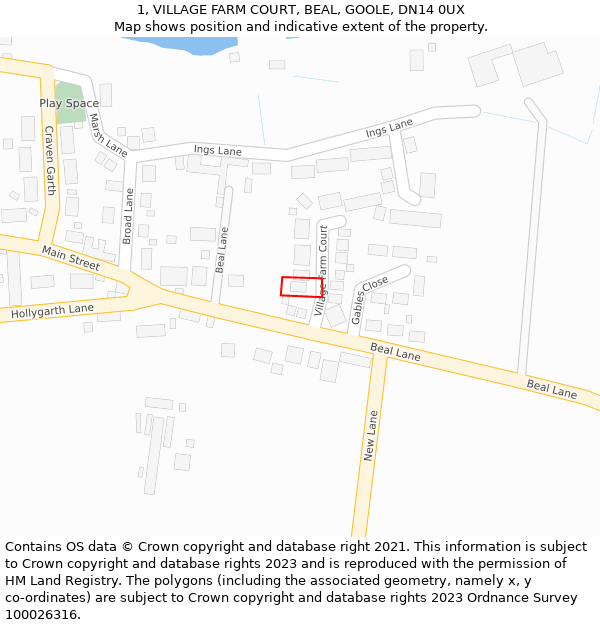 1, VILLAGE FARM COURT, BEAL, GOOLE, DN14 0UX: Location map and indicative extent of plot