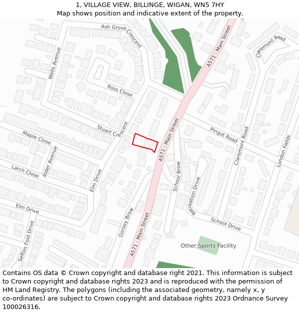 1, VILLAGE VIEW, BILLINGE, WIGAN, WN5 7HY: Location map and indicative extent of plot