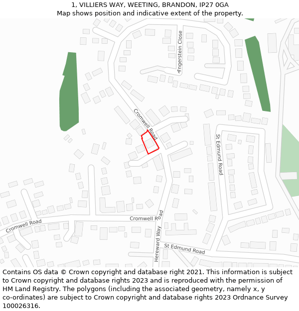 1, VILLIERS WAY, WEETING, BRANDON, IP27 0GA: Location map and indicative extent of plot