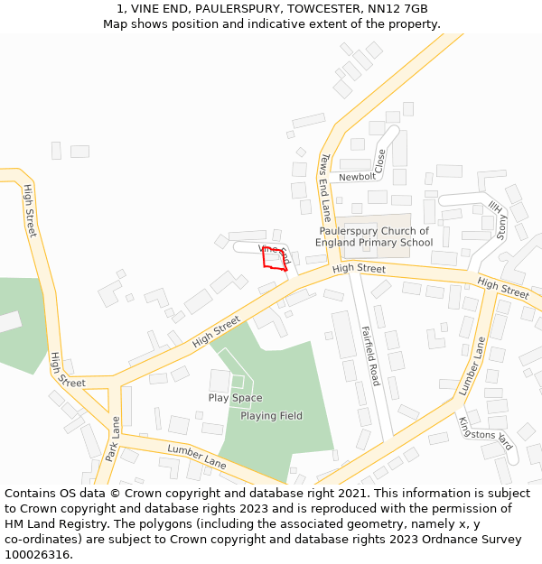 1, VINE END, PAULERSPURY, TOWCESTER, NN12 7GB: Location map and indicative extent of plot