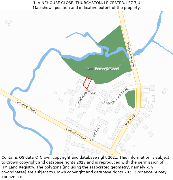 1, VINEHOUSE CLOSE, THURCASTON, LEICESTER, LE7 7JU: Location map and indicative extent of plot