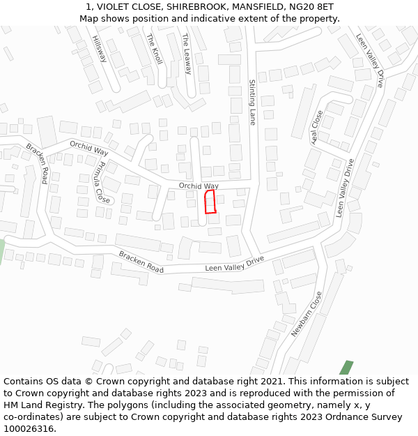 1, VIOLET CLOSE, SHIREBROOK, MANSFIELD, NG20 8ET: Location map and indicative extent of plot