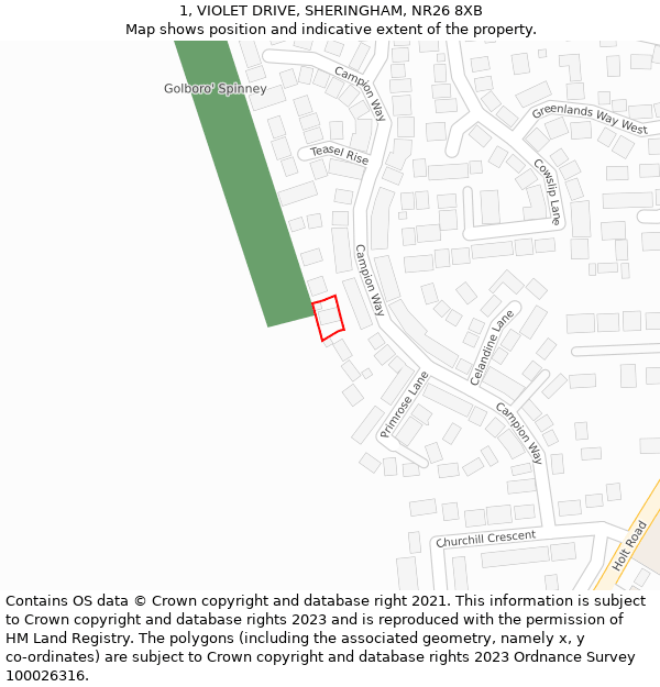 1, VIOLET DRIVE, SHERINGHAM, NR26 8XB: Location map and indicative extent of plot