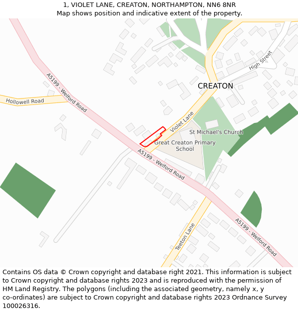 1, VIOLET LANE, CREATON, NORTHAMPTON, NN6 8NR: Location map and indicative extent of plot