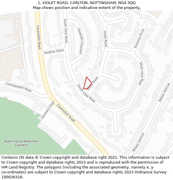 1, VIOLET ROAD, CARLTON, NOTTINGHAM, NG4 3QQ: Location map and indicative extent of plot
