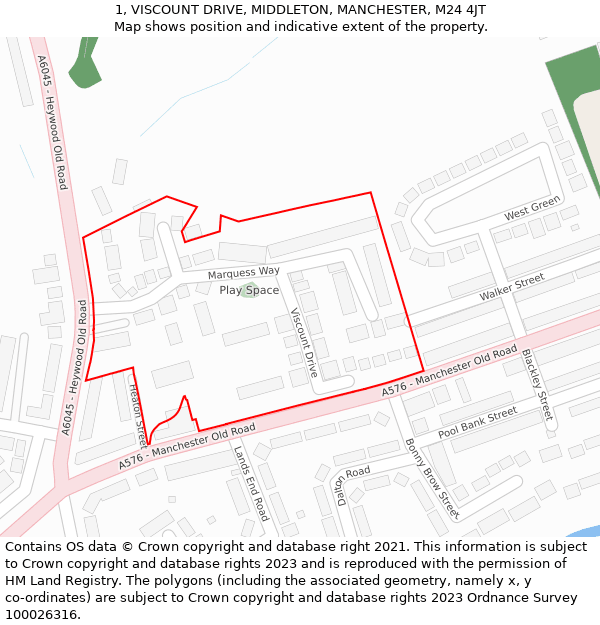 1, VISCOUNT DRIVE, MIDDLETON, MANCHESTER, M24 4JT: Location map and indicative extent of plot