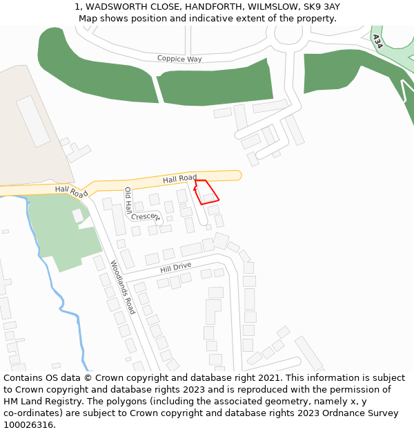 1, WADSWORTH CLOSE, HANDFORTH, WILMSLOW, SK9 3AY: Location map and indicative extent of plot