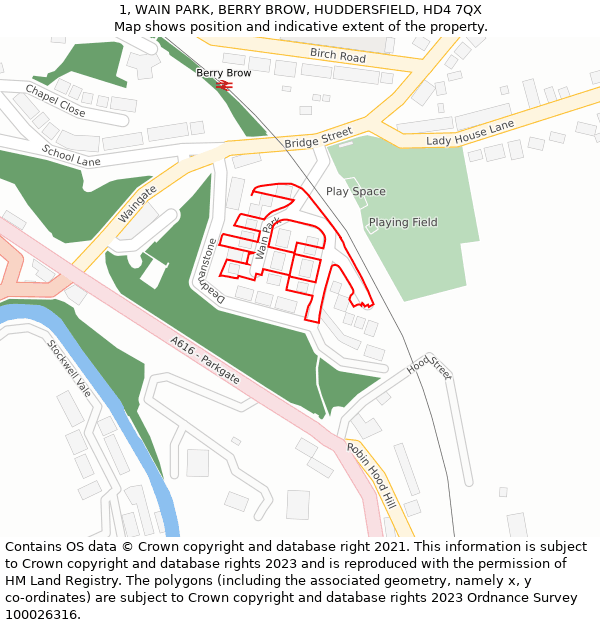 1, WAIN PARK, BERRY BROW, HUDDERSFIELD, HD4 7QX: Location map and indicative extent of plot