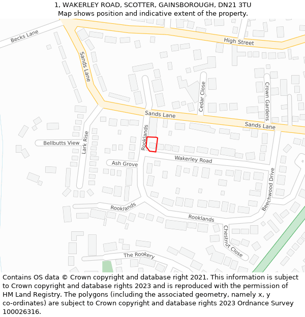 1, WAKERLEY ROAD, SCOTTER, GAINSBOROUGH, DN21 3TU: Location map and indicative extent of plot